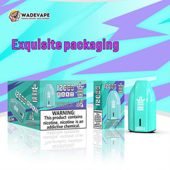 Turquoise and purple retail display showing two Bang King vape boxes and a matching disposable device on a reflective surface, with a large 'Exquisite packaging' headline above, a visible nicotine warning label on the box and the WadeVape logo in the corner