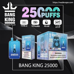 Promotieafbeelding voor de Bang King wegwerpvape met 25.000 pufjes, met een apparaat met blauw gorilla-thema en een doosverpakking met pictogrammen voor opladen van Type-C, een batterij van 650 mAh, een e-vloeistof van 46 ml en een mesh-spiraal van 1,0 Ω, plus een nicotinewaarschuwingslabel.