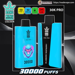 Bright cyan Bang King Coloor 30K Pro disposable vape on a dark background showing two devices — a front view with a blue-purple lion graphic and '30,000 puffs' label and a side view with a black centre panel labelled 'Blueberry Raspberry' — header icons indicate Type‑C charging, 850mAh battery, 36ml e-liquid and 1.0Ω mesh coil, with WadeVape branding.