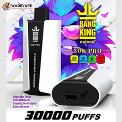 Two black-and-white Bang King 30K Pro disposable vape devices shown against a colourful purple-blue crowned mascot and bold text advertising 30,000 puffs with icons for Type-C, 850mAh battery and 36ml e-liquid.