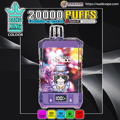 Purple double-crystal disposable vape device pack labelled '20,000 PUFFS' showing a grinning skull in a top hat and sunglasses with 'Grape Ice' flavour and icons for Type‑C charging and 650mAh battery against a dark background.