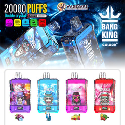 Advertisement for Bang King '20000 PUFFS' double‑crystal disposable vapes showing two large translucent blue devices at the top and four smaller coloured units (purple, cyan, pink, red) with flavour icons, brand logo and technical badges (Type‑C, 650mAh).