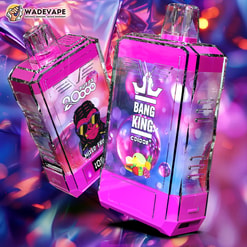 Two faceted bright-pink disposable vape devices with reflective surfaces—one showing a crown logo reading “Bang King” over fruit illustrations, the other labelled “20,000 puffs” and “Mixed Fruit”—set against a colourful bokeh background with a small WadeVape logo in the corner.