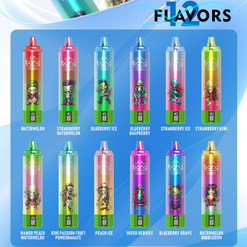 Promotieposter met twaalf kleurrijke Bang-vape-apparaten voor eenmalig gebruik, gerangschikt in twee rijen op een blauwe achtergrond met kleurverloop en de kop '12 smaken'; elk apparaat heeft een uniek stripfiguur en is onderaan gelabeld met de smaak: watermeloen, aardbei-watermeloen, bosbessenijs, bosbessenframbozen, aardbeienijs, aardbeikiwi, mango-perzikwatermeloen, kiwi-passievrucht-granaatappel, perzikijs, gemengde bessen, bosbessendruif en watermeloen-bubblegum.