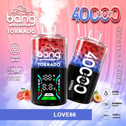Kleurrijke advertentie met twee Bang Tornado wegwerp-vape-apparaten – het ene staat rechtop en straalt damp uit en geeft een digitaal scherm weer met indicatoren voor hoog/laag vermogen, het andere is gekanteld en heeft het label 400 trekjes – afgezet tegen een roze-paars verloop met pictogrammen voor drie mesh, instelbaar vermogen, 40 ml, 850 mAh batterij en Type-C opladen en kleine grapefruit- en passievruchtafbeeldingen.