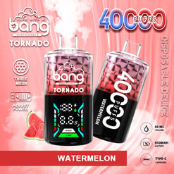 Two pink-red Bang Tornado disposable vape devices with faceted tops, one showing a digital power/level display; labels read 4000 puffs and Watermelon, set against a pink swirled background with a watermelon slice and icons for three-mesh, adjustable power, 40 ml, 850 mAh battery and Type‑C charging.