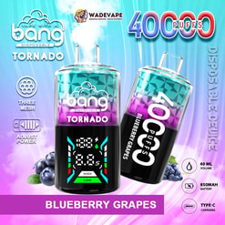 Two colourful Bang Tornado disposable vape devices in teal-to-purple gradient labelled Blueberry Grapes, one showing a digital display, with a prominent “4000 puffs” headline and icons for 40 ml volume, 850 mAh battery and Type‑C charging.