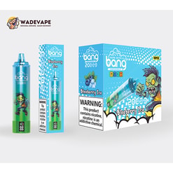 Bright blue-green disposable vape device and matching boxes labelled 'Bang' and 'Blueberry Ice' with cartoon green zombie artwork, blueberry graphics, '20 puffs' branding, a prominent nicotine warning panel and a WadeVape logo in the top-left.