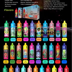 Plakat promocyjny jednorazowego waporyzatora Random Tornado '9000 Puffs' z nazwą produktu i logo, cechami technicznymi i specyfikacjami opakowania na gwiaździstym tle oraz siatką kolorowych urządzeń do waporyzacji z kreskówkową grafiką z motywem czaszki i potwora oraz etykietowanymi nazwami smaków (26 smaków).