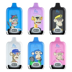 Six colourful pod-style vape devices arranged in two rows, each with a glossy front panel displaying a distinct cartoon ape character wearing different hats and accessories, a small digital charge indicator at the base and a brand logo above.