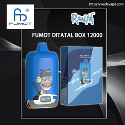 Blue Fumot Digital Box 12000 vape device featuring a cartoon monkey wearing a cap and sunglasses and a small digital display, shown beside its matching blue retail box and brand logos on a dark wavy background