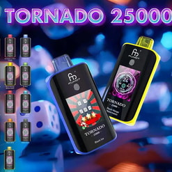 Plakat promocyjny przedstawiający dwa kolorowe urządzenia do waporyzacji Fumot Tornado 25000 na pierwszym planie z neonowym nagłówkiem 'TORNADO 25000', siatką małych wariantów smakowych po lewej stronie i ikonami po prawej stronie podkreślającymi funkcje, takie jak podwójna cewka siatkowa, bateria 700 mAh, 25 000 zaciągnięć, tryb gry, przełącznik dotykowy i ekran TFT o przekątnej 1,77 cala.