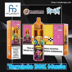 Jednorazowy waporyzator Orange Fumot Tornado 30K Music z żywą psychodeliczną grafiką czaszki umieszczoną pośrodku, otoczony pasującymi pudełkami produktów, logo marki, ostrzeżeniem o uzależnieniu od nikotyny i adresem URL wadevape.com.