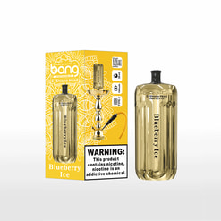Goud metallic wegwerp e-shisha-apparaat met het opschrift 'Blueberry Ice', afgebeeld naast een felgeel doosje met patroon met een waterpijpillustratie, productpictogrammen en een prominent nicotinewaarschuwingslabel.