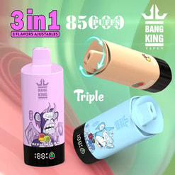 Three pastel-coloured Bang King disposable vape devices with cartoon fruit-character graphics arranged on a green-pink gradient background, marked with prominent '3 in 1', '85 puffs' and 'Triple' text and a rotating-top graphic indicating adjustable flavours.