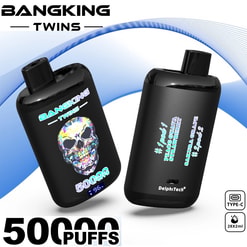 Two black Bangking Twins disposable vape devices on a white background with blue swoosh graphics; the left device features a colourful skull illustration, '50,000 puffs' text and a small LED display, while the right device shows flavour text in blue and the DelphTech logo.