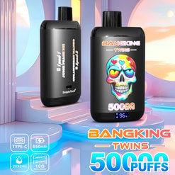 Zwei schwarze Einweg-Vaporizer von BangKing Twins werden auf einer pastellfarbenen geometrischen Bühne präsentiert. Die vordere Einheit ist mit einer farbenfrohen Totenkopfillustration, einem digitalen Zähler und der Aufschrift '50.000 Züge' versehen, während die hintere Einheit Produkttext und Symbole zeigt, die auf Typ-C-Aufladung und 650-mAh-Kapazität hinweisen
