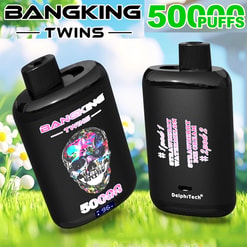 Two black Bangking Twins disposable vapes with short top mouthpieces set on a grassy, daisy-speckled background; the left device shows a multicoloured skull graphic and a prominent 500 puffs label, the right device lists flavours including strawberry watermelon and strawberry ice cream with a small DelphiTech logo.