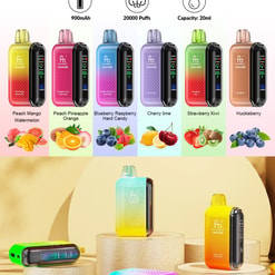 A colourful display of Fumot Tornado 20000 disposable vapes in seven gradient finishes with labelled flavours, icons indicating 900mAh battery, 20,000 puffs and 20ml capacity, and several devices arranged on round podiums.