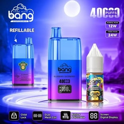Blue and purple gradient advertisement showing a refillable Bang disposable vape device and matching blueberry-raspberry e-liquid bottle, emphasising 4000 puffs and power modes (Normal 12W, Turbo 24W), with a front digital screen and icons for child lock, dual mesh coil and adjustable airflow.