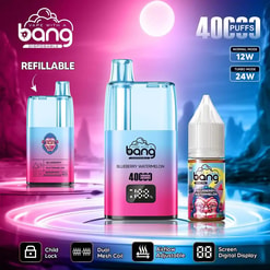 Refillable Bang disposable vape and matching blueberry‑watermelon e‑liquid bottle set against a pink‑blue gradient background, highlighting 4000 puffs, normal/turbo modes (12W/24W), a digital screen and icons for child lock, dual mesh coil and adjustable airflow.