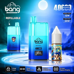 Blue gradient refillable disposable vape device and matching 'bang' Red Bull‑flavoured e-liquid bottle on a glowing futuristic platform beneath a full moon, featuring '4000 puffs' branding and icons for child lock, dual mesh coil, adjustable airflow and a digital screen.