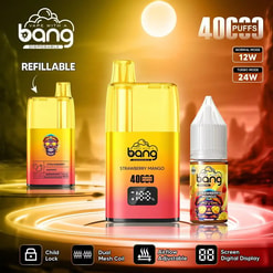 Bright sunset-themed advertisement showing a golden-yellow Bang disposable vape and matching e-liquid bottle labelled Strawberry Mango, emphasising refillable functionality and 40,000 puffs with power modes 12W/24W and icons for child lock, dual mesh coil, adjustable airflow and digital screen.