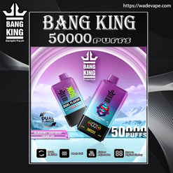 Afbeelding in advertentiestijl van twee paars-naar-blauw gradiënt Bang King wegwerp-vape-apparaten met een kroonlogo, gelabeld met 50.000 trekjes en 'Dual Flavour' (Blueberry Raspberry Grape Ice) tegen een ijzige bergachtergrond, met pictogrammen die de mesh-spoel, verstelbare luchtstroom en een digitaal scherm weergeven.