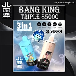 Promotional poster for Bang King Triple 85000 disposable vapes showing two cylindrical devices—one light blue with a cartoon monkey and one cream‑coloured with a different monkey illustration—floating against a smoky background with '3 in 1', '85 puffs' text, icons and the Bang King logo.