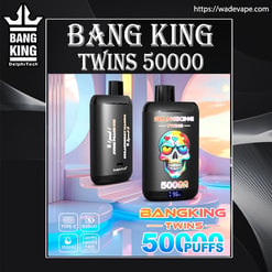 Deux appareils de vapotage jetables Bang King Twins noirs présentés sur un fond pastel et futuriste : l'un avec un graphique coloré en forme de tête de mort et une étiquette numérique ' 50 000 bouffées ' et l'autre uni avec des marques de marque, encadré par un titre audacieux ' BANG KING TWINS 50000 ' et des icônes de produit.