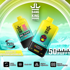 Two yellow-to-teal gradient Bang King disposable vape devices, one labelled Dual Flavor and both listing Blueberry Ice and Peach Mango Watermelon, set against a green icy background with a prominent 50,000 puffs callout and icons for dual flavor, mesh coil, adjustable airflow and screen digital display