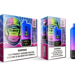 Colourful retail display box and matching disposable vape device with a blue-to-purple gradient, 'Bang King' branding, '50,000 puffs' label and a prominent nicotine warning on the packaging.