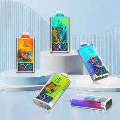 Five colourful rectangular devices with chrome edges featuring holographic big-cat artwork and twin circular digital displays, arranged on white pedestals against a pale blue backdrop with curved striped panels.