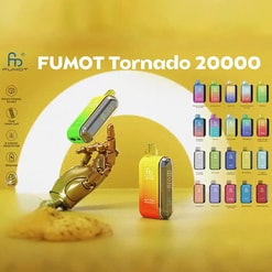 Jasnożółta reklama FUMOT Tornado 20000 przedstawiająca złotą rękę robota trzymającą zielono-żółty strąk, żółto-pomarańczowy strąk stojący na powierzchni oraz siatkę kolorowych obrazów wariantów strąków z tekstem marki i białym tłem łuku