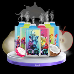 Six colourful rectangular vape devices with neon leopard artwork and small digital displays standing on a round purple-edged pedestal, emitting wisps of vapour against a black background and surrounded by fruit (dragon fruit, coconut and apple) suggesting flavours.
