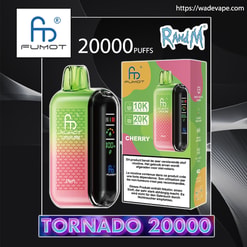 Green-to-pink gradient Fumot Tornado 20000 disposable vape and its box labeled 20,000 puffs and Cherry flavour, showing a black side digital display and branding against a dark background.