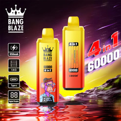 Two metallic gold-to-orange disposable vape devices branded BANG BLAZE, one with a cartoon smoking ape sticker and a small digital display, surrounded by icons indicating 650mAh, 1.0Ω and Type‑C, set against a purple‑pink cosmic landscape reflected in rippled water with large “4 in 1 60000” text.