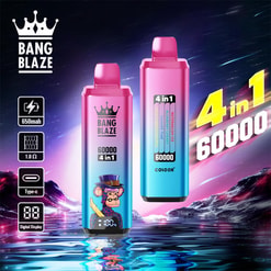 Two gradient pink-and-blue Bang Blaze disposable vapes side by side — one with a crown logo, '60000 4 in 1' text and a cartoon monkey sticker, the other showing a 4‑in‑1 flavour bar and icons for 650 mAh, 1.0 Ω, Type‑C and digital display against a neon cosmic water and mountain background.