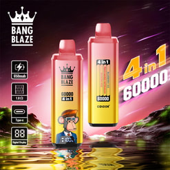 Two pink-to-gold gradient Bang Blaze disposable vape devices—one showing a cartoon monkey and a digital battery readout—branded with a crown and prominent '4 in 1 60000' claim, with icons indicating 650mAh, 1.0Ω, Type‑C and digital display, set against a neon cosmic landscape reflected in water.