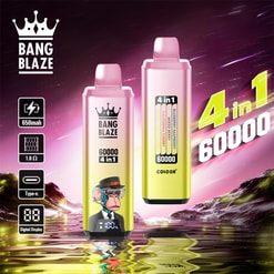 Two pink-to-yellow gradient Bang Blaze disposable vape devices marked '60000 4 in 1'—one displaying a cartoon ape wearing a hat and goggles and a small digital screen, the other showing flavour stripes—accompanied by icons for 650mAh, 1.0Ω, Type‑C and digital display, set against a purple starry sky and reflective water with large '4 in 1 60000' text.