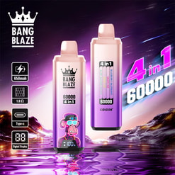 Two metallic pink‑purple Bang Blaze disposable vape devices — front and rear view — labelled 60000 4‑in‑1 with a flavour strip, icons for 650mAh, 1.0Ω, Type‑C and digital display, a cartoon monkey decal and their reflection on purple water against a starry sci‑fi background.