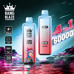 Two gradient pink-and-blue Bang Blaze disposable vape devices standing on a reflective neon surface against a starry teal background, one showing a cartoon ape graphic and the other a flavour strip, with branding reading '60000 4 in 1' and icons for 650mAh, 1.0Ω, Type‑C and digital display, plus large '4 in 1 60000' promotional text.