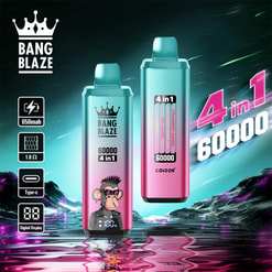 Two teal-to-pink gradient Bang Blaze disposable vapes—one front-facing with a cartoon ape graphic and digital display, the other showing '4 in 1' flavour bars—set on a neon mountainous reflective-water background with large '4 in 1 60000' branding and sidebar icons for 650mAh, 1.0Ω, Type‑C and digital display