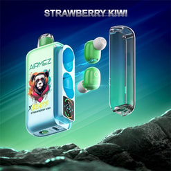 Mint-green wireless earbuds and a matching translucent charging case branded 'AIRMEZ' with 'Strawberry Kiwi' flavour text float against a teal-to-blue gradient backdrop above a rocky foreground.