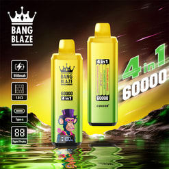 Front and rear views of two yellow‑green Bang Blaze 60000 4‑in‑1 disposable vapes showing a cartoon monkey graphic and a flavour strip listing four flavours, with a small digital display and side icons indicating 650mAh, 1.0Ω, Type‑C and digital display, set against a glowing sunset-style landscape reflected in rippled water.