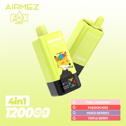 Two lime‑green rectangular AiRMEZ Fox disposable vapes with black bases and a cartoon fox wearing a cap, showing '4 in 1' and '12000 puffs' branding against a pale green background, with a sidebar listing flavours: Pink Lemonade, Passion Kiss, Mixed Berries and Triple Berry.