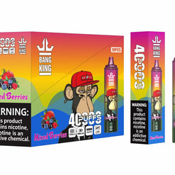 Packshot of Bang King 'Mixed Berries' disposable vape packaging on a white background, showing a colourful gradient 10‑piece box and matching single-device sleeve and pen featuring a cartoon monkey in a red cap, berry illustrations and a prominent black nicotine warning label.