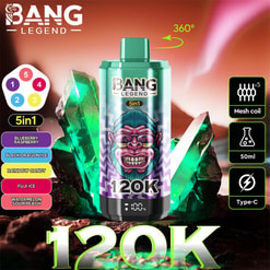 Cylindrical green-topped BANG LEGEND 5in1 vaping device labelled 120K with a digital battery display, presented amid glowing green crystals on a reflective surface against a red-orange background, accompanied by a flavour list (Blueberry Raspberry, Black Dragon Ice, Rainbow Candy, Fuji Ice, Watermelon Sour Peach) and icons denoting mesh coil, 50ml capacity and Type-C charging.