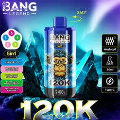 Vape 5 w 1 Blue Bang Legend, przedstawiony na krystalicznie niebieskim tle, oznaczony jako 120K i zawierający listę smaków (jagodowy lód, arbuzowa guma balonowa, kwaśne jabłko malina, szparagi, mango melon, marakuja, kiwi limonka) oraz ikony wskazujące cewkę siatkową x5, pojemność 50 ml, ładowanie typu C i wskaźnik obrotu 360°.