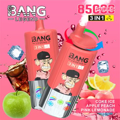 Two pink Bang Legend 3-in-1 vape devices on a bright pink background with ice cubes, cola splashes, a green apple, peaches and lemon slices, with text noting 8500 puffs and flavours Coke Ice, Apple Peach and Pink Lemonade.